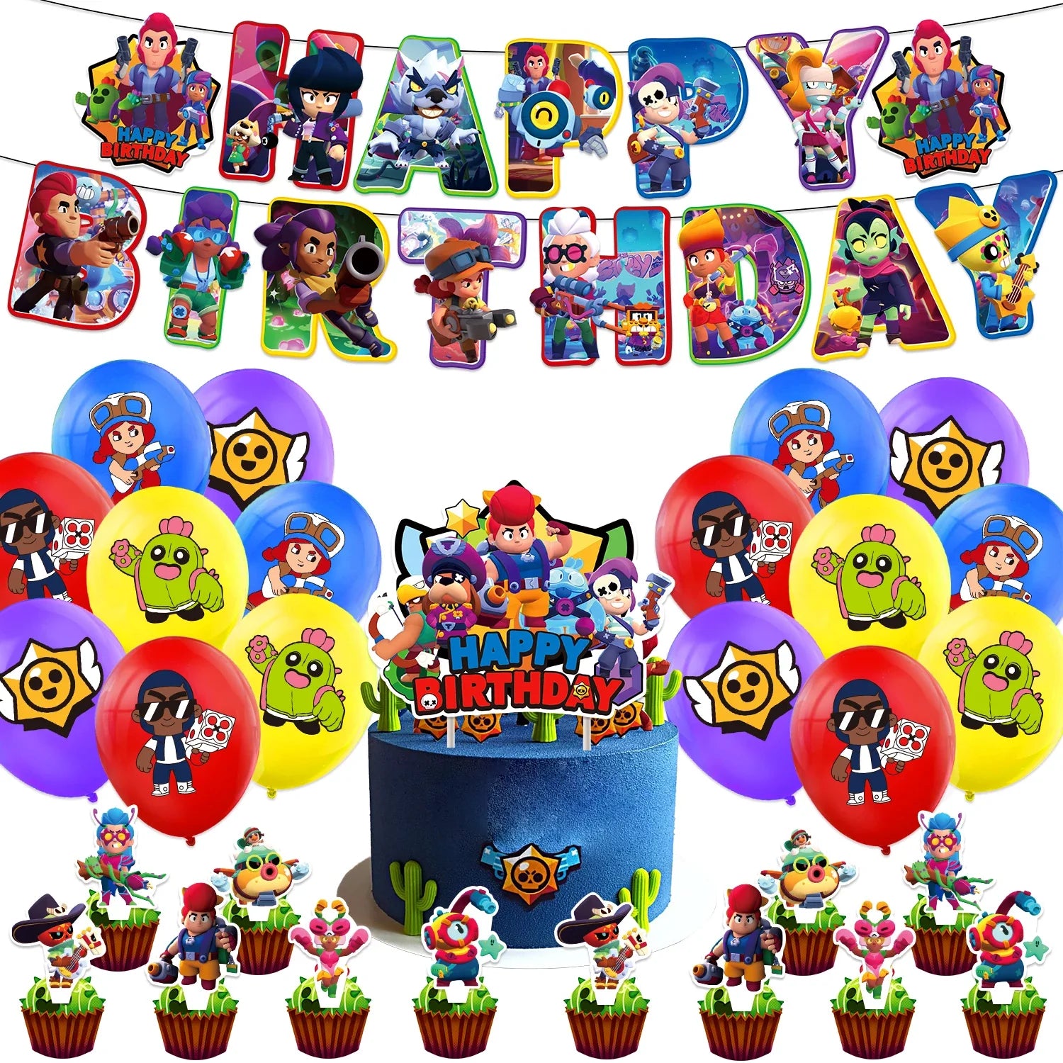 Battle Balloons Happy Birthday Banner Fight Game Party Decoration Brawled Background Cake Topper Disposable Tableware Keychai