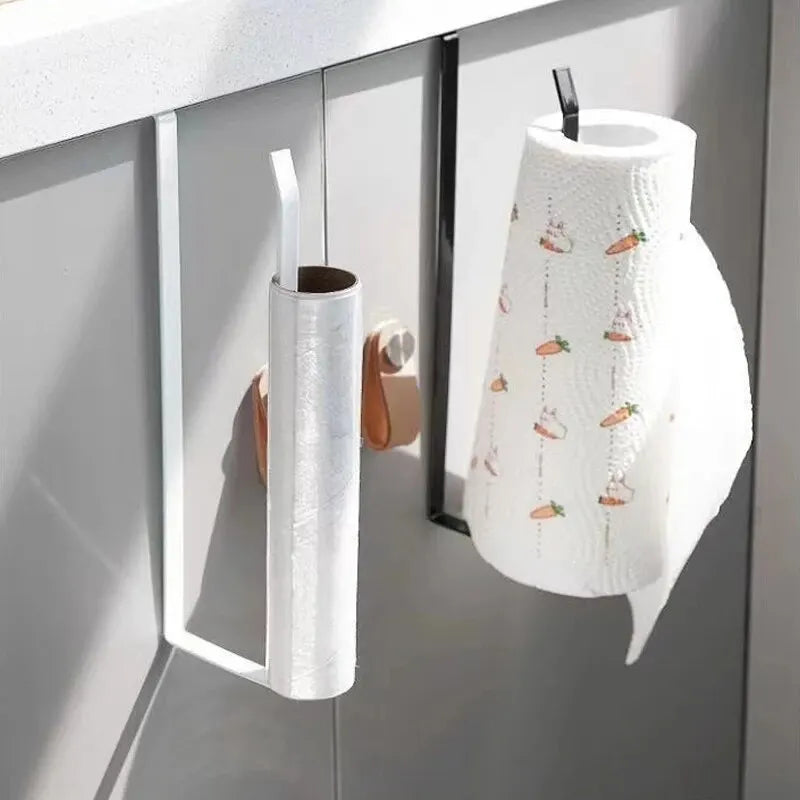 Paper Roll Holder Towel Rack Cling Film Storage Rack Bathroom No Punching Storage Rack Hanging Shelf Kitchen Tissue Accessori