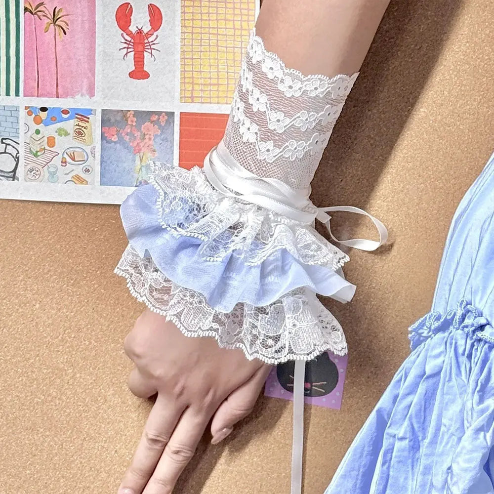 1 Pair Women Lolita Jk Lace Fingerless Gloves Black Gothic Fake Sleeves Trendy Elastic Long Lace Arm Sleeves Clothes Decorati
