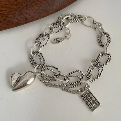 100% Solid 925 Sterling Silver Metal Bracelet for Women Vintage Handmade Simple Retro Heart Chain Bracelet Birthday Gift Part