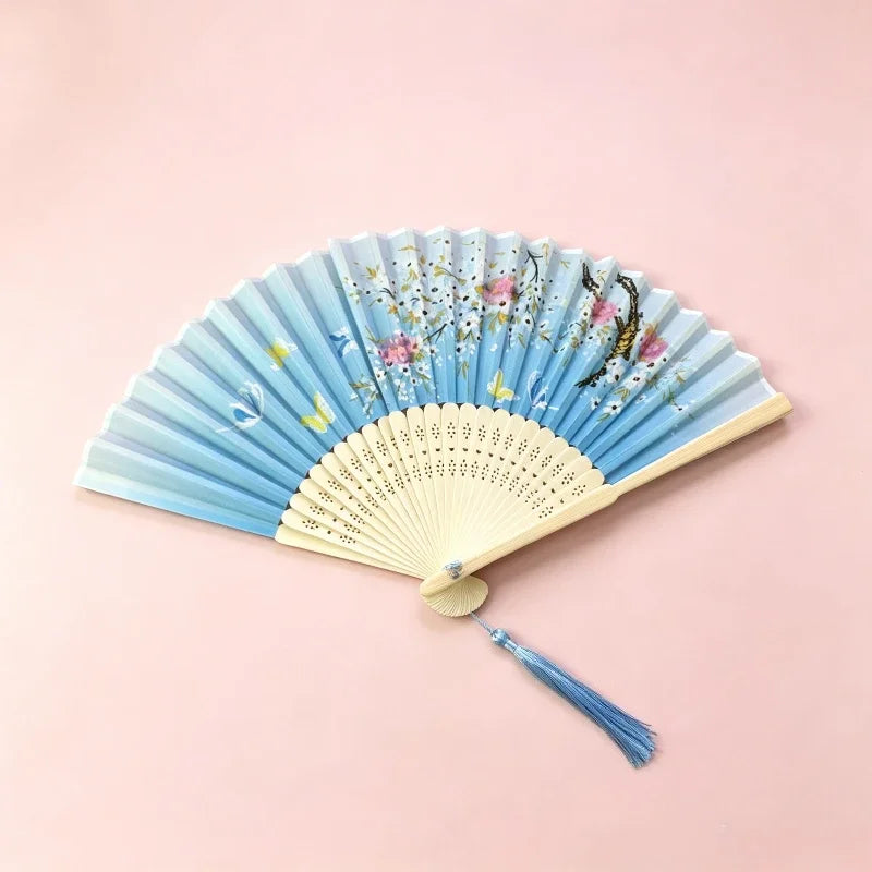 Retro Style Folding Fan Female Japanese Pattern Retro Cloth Art Craft Gift Home Decoration Ornament Dancing Hand Fan - blue b