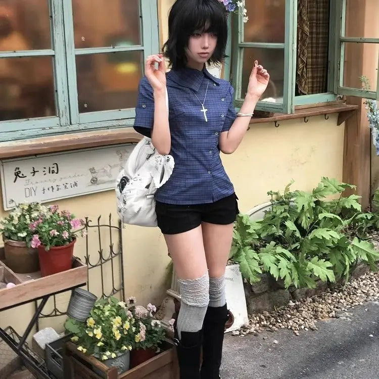 Genayooa Vintage Plaid Casual Shirt Women Short Sleeve Y2k Tops Japanese 2000s Summer Shirt Irregular American Retro 90s Tshi