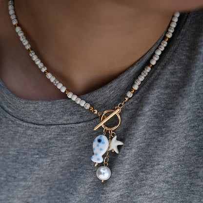 Bohemian Sea-Inspired Ceramic Fish & Starfish Pendant Necklace with 4mm Synthetic Turquoise Beads, Lightweight Beach Jewelry