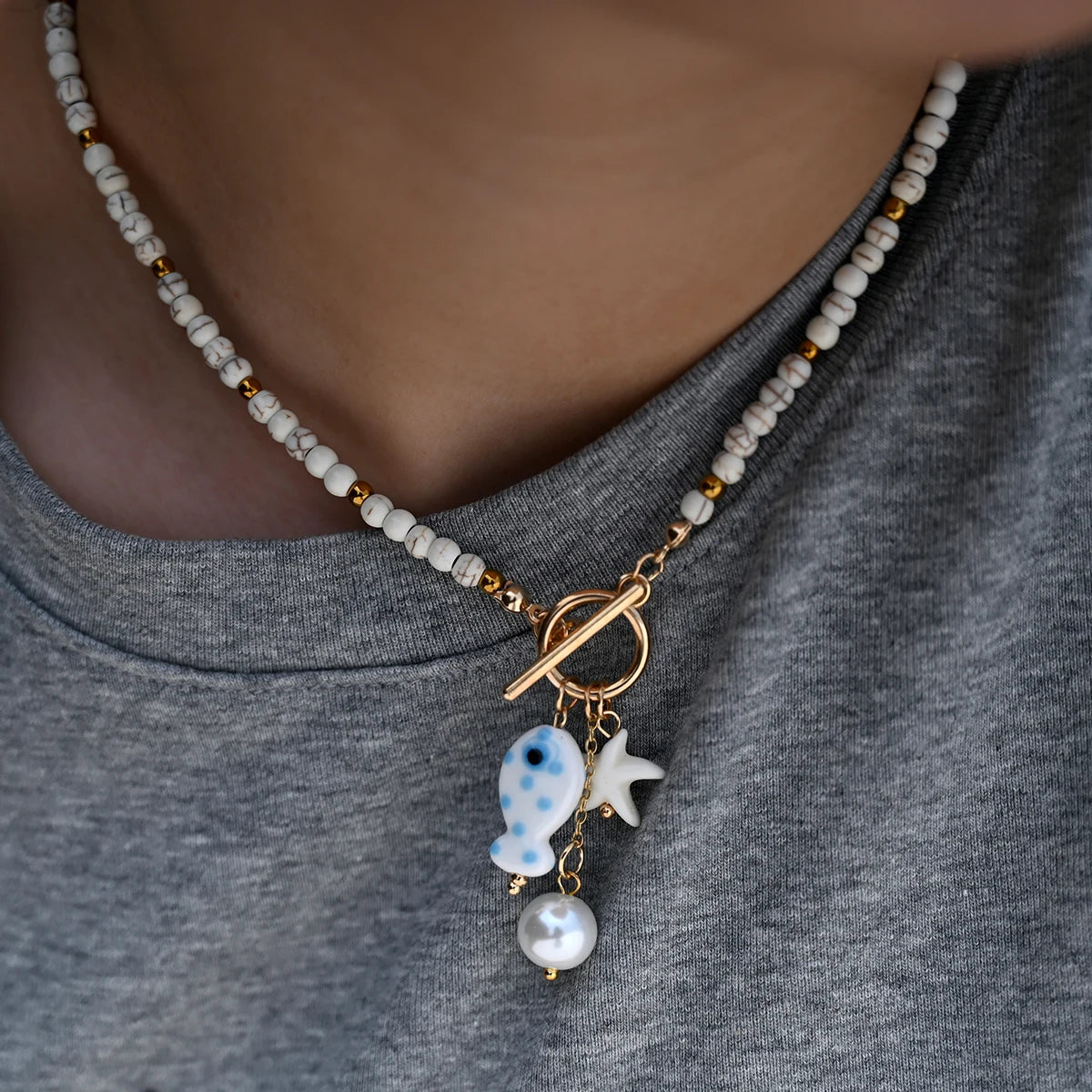 Bohemian Sea-Inspired Ceramic Fish & Starfish Pendant Necklace with 4mm Synthetic Turquoise Beads, Lightweight Beach Jewelry 
