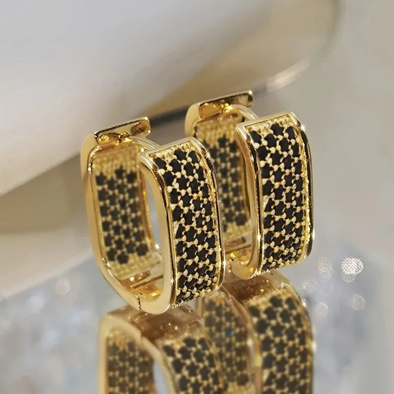 Luxury Full of Zircon Shiny Geometric Square Hoop Earrings for Women Temperament Gold Color Stainless Steel Korea Jewelry Gif