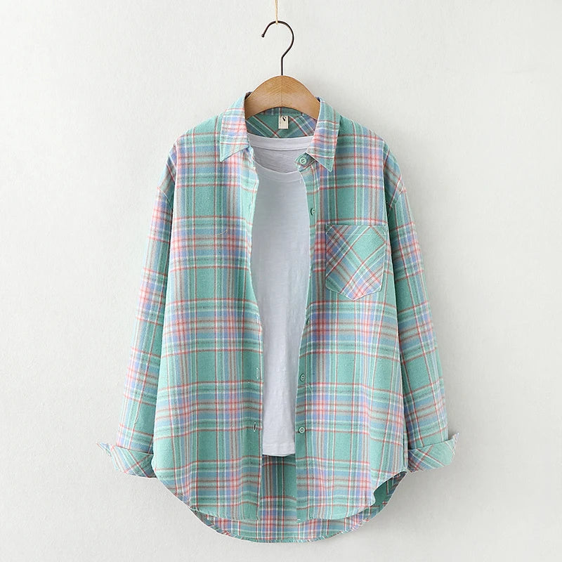 Fresh Flannel Plaid Shirt Women 2026 New Female Blouses and Tops Cotton Loose Long Sleeve Casual Shirts Fine Women's Clothes 