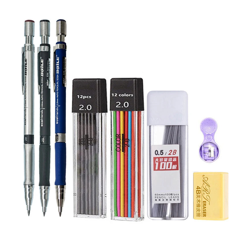 2mm Mechanical Pencil Set with Color/Black Lead Art Drawing Design Automatic Pencil Writing Student Office School Stationery 
