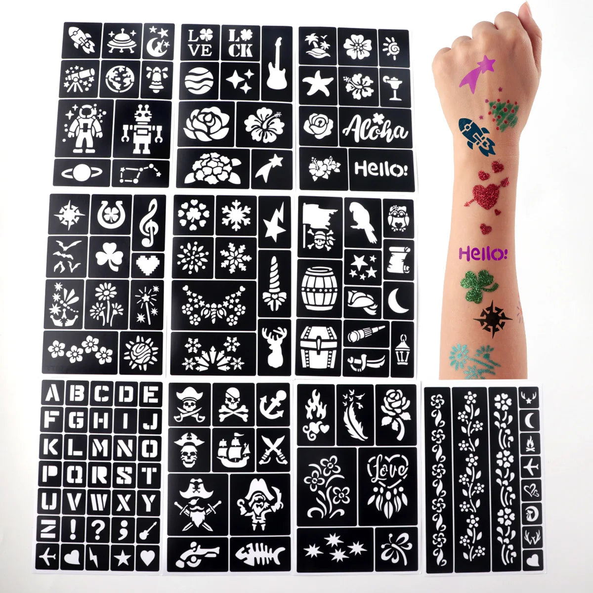 Temporary Tattoo Stencil Templates Set Reusable DIY Painting for Face and Body Art, Christmas Eve Gifts Party Favor Supplies
