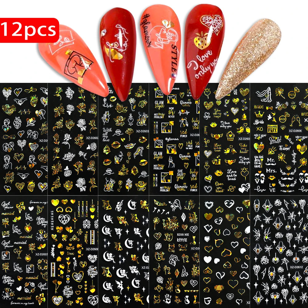 8pc 3D Mixed Color Heart Nail Stickers Valentines' Day Sweet Red Pink Love Selfadhesive Nail Decoration Decals Manicure Suppl