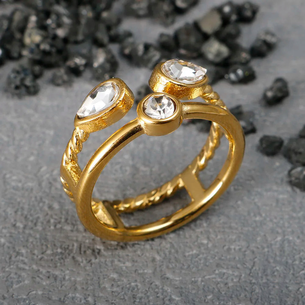Crystal High End Non Tarnish Fashion Geometric Open Gold Plated Stainless Steel Rings for Women Wedding Ring Jewelry