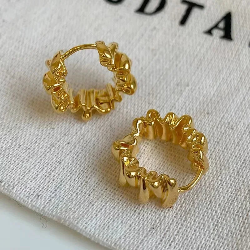 Personality Irregular Wavy Pleated Hoop Earrings for Women New Charm Gold Color Stainless Steel Dangle Jewelry Accessories Gi