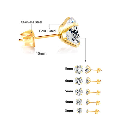LUXUSTEEL 1Pairs/2Pcs Stainless Steel Crystal Studs Earrings For Women Men 4 Prong Tragus Round Clear Cubic Zirconia Ear Jewe