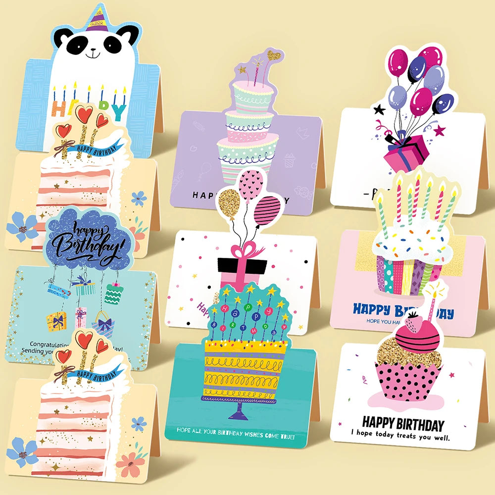 10 birthday cards, 3D small size cartoon, simple folding, handwritten blessing message, birthday card