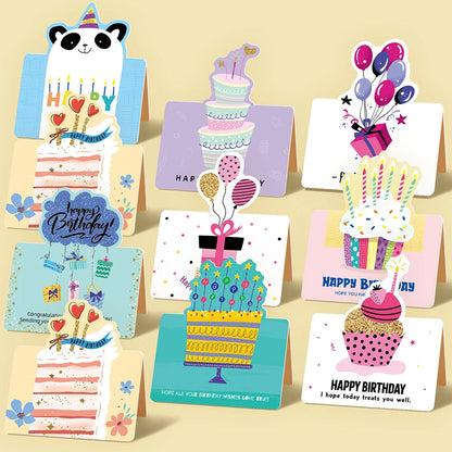 10 birthday cards, 3D small size cartoon, simple folding, handwritten blessing message, birthday card