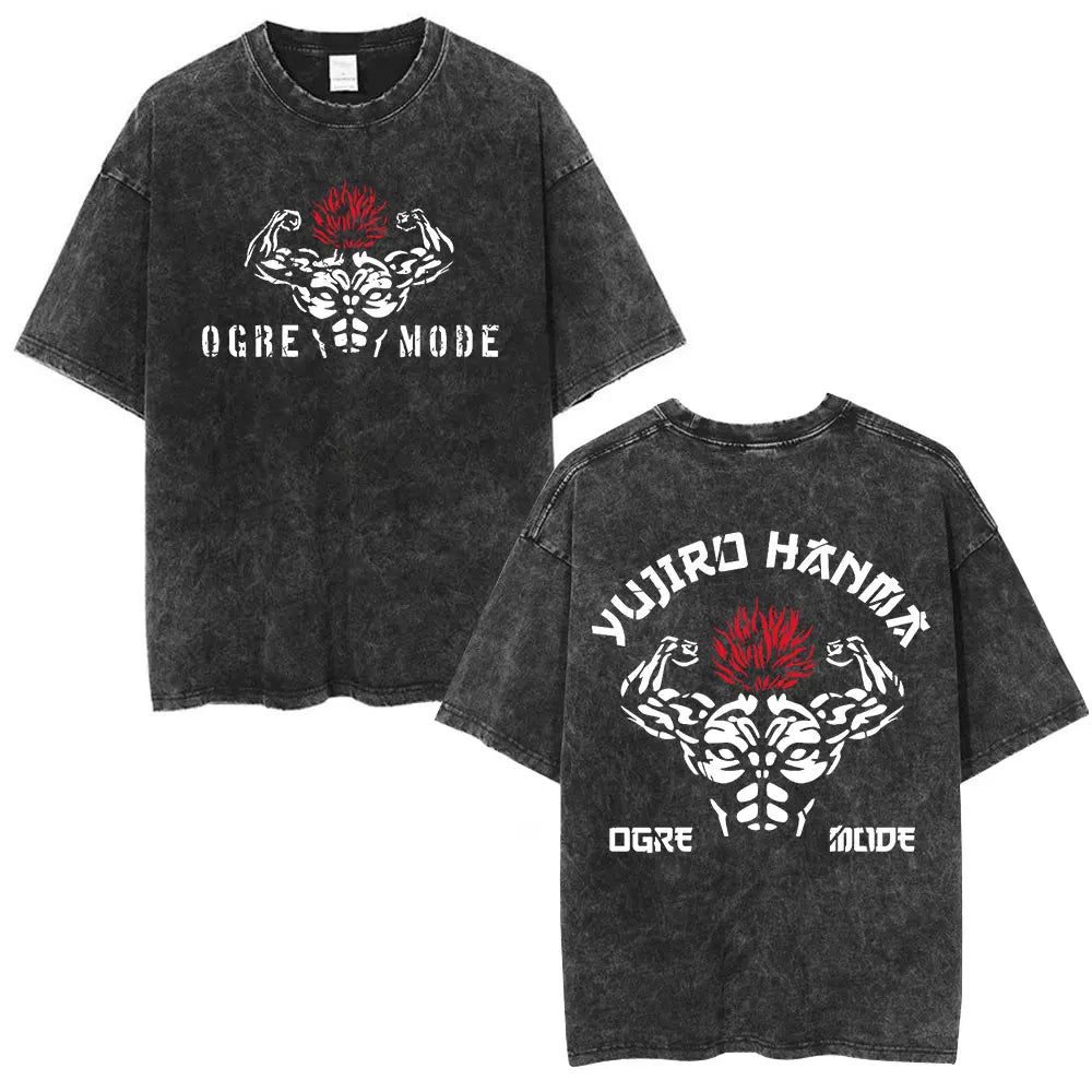 Vintage Washed T Shirt Anime Baki The Grappler T-shirt Hanma Yujiro Gym Short Sleeve T-shirts Oversized Cotton Casual Tee Shi