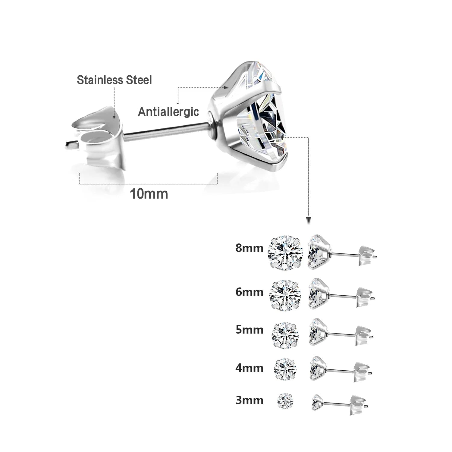 LUXUSTEEL 1Pairs/2Pcs Stainless Steel Crystal Studs Earrings For Women Men 4 Prong Tragus Round Clear Cubic Zirconia Ear Jewe