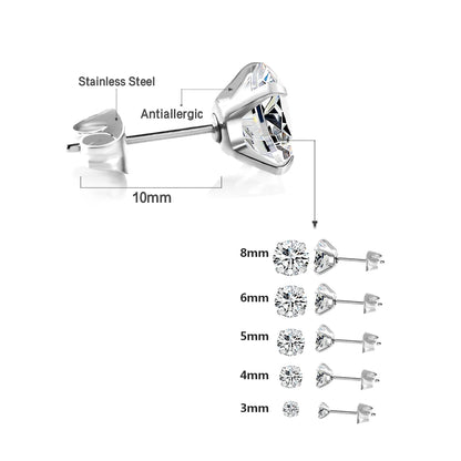 LUXUSTEEL 1Pairs/2Pcs Stainless Steel Crystal Studs Earrings For Women Men 4 Prong Tragus Round Clear Cubic Zirconia Ear Jewe