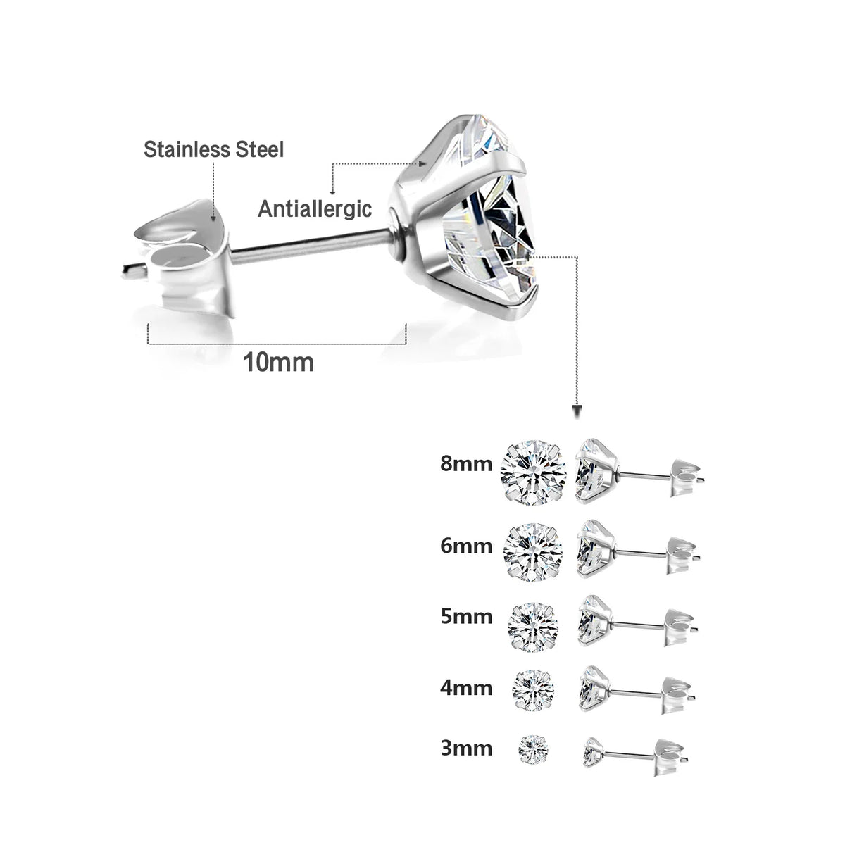 LUXUSTEEL 1Pairs/2Pcs Stainless Steel Crystal Studs Earrings For Women Men 4 Prong Tragus Round Clear Cubic Zirconia Ear Jewe