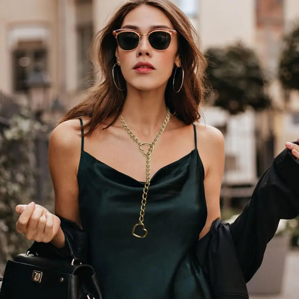 Personality Lariat Heart Necklace Stainless Steel Slip Chain Slipchain Choker Collar Punk Rock Heavy Cuban Long Chain For Uni