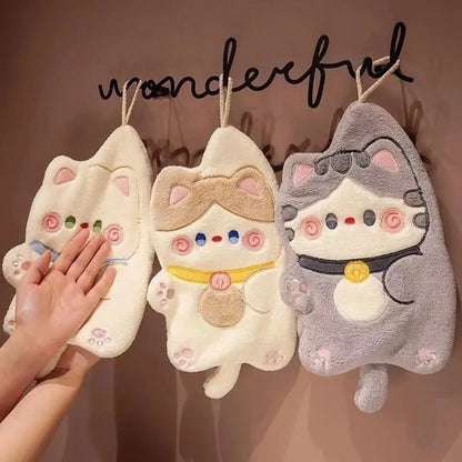 Cute Cat Hand Towel Quick Drying Kitchen Cleaning Rag Coral Velvet Cartoon Animal Absorbent Bathroom Hanging Towel Home Suppl