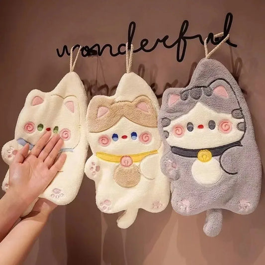 Cute Cat Hand Towel Quick Drying Kitchen Cleaning Rag Coral Velvet Cartoon Animal Absorbent Bathroom Hanging Towel Home Suppl