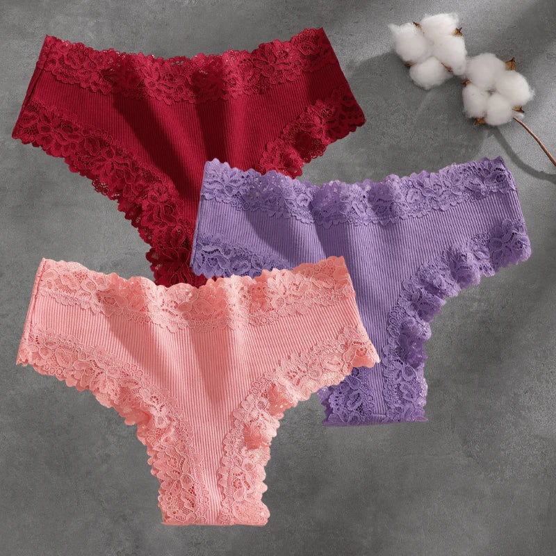 3Pcs Cotton Lace Patchwork Bikini Panties Women Seamless Floral Print Brazilian Pants Low Waist Breathable Female Sexy Linger