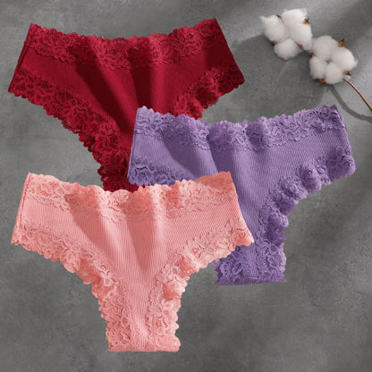 3Pcs Cotton Lace Patchwork Bikini Panties Women Seamless Floral Print Brazilian Pants Low Waist Breathable Female Sexy Linger