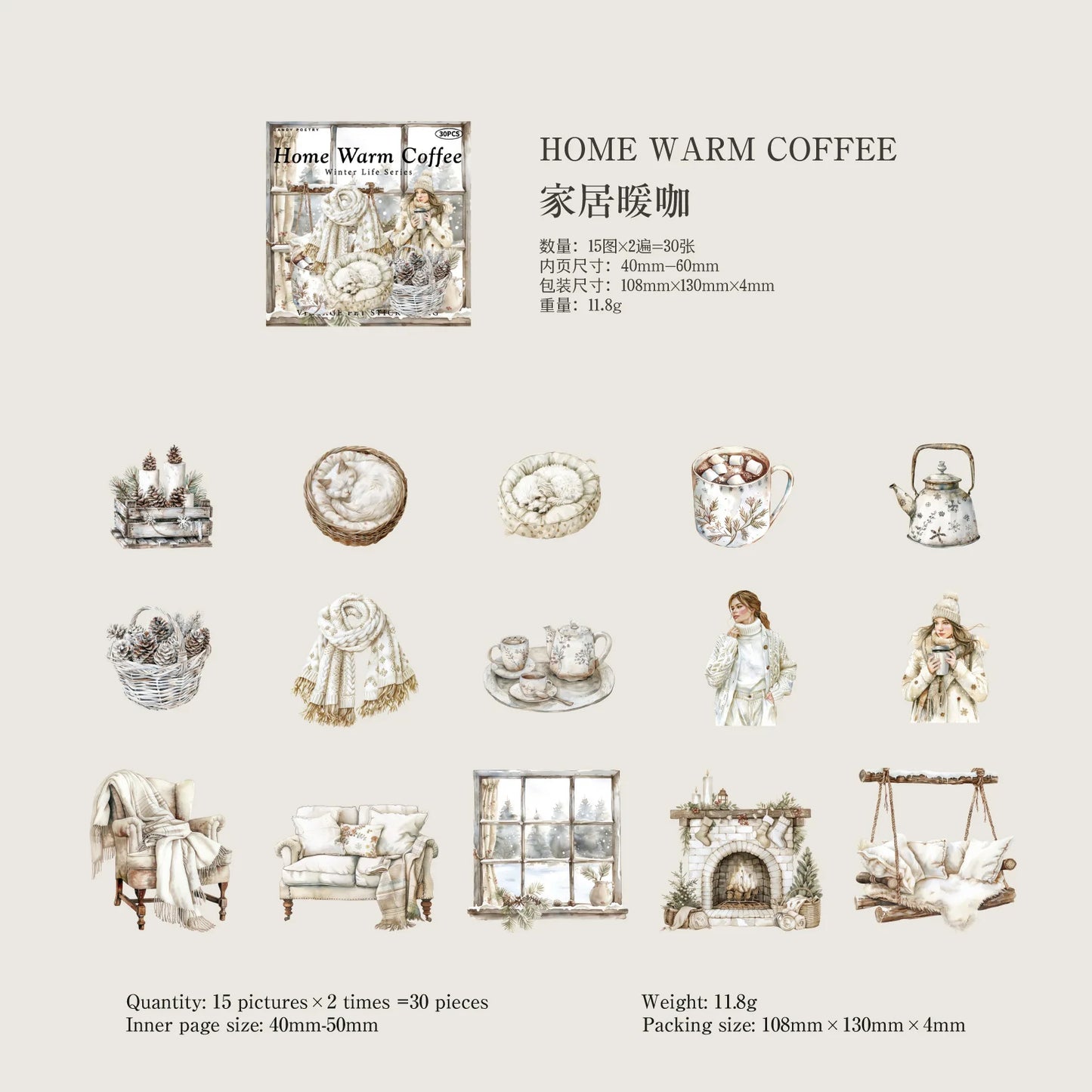 30sheets/lot Kawaii Stationery Stickers Winter Life Junk Journaling Decorative Mobile Scrapbooking for stickers - jiajunuanka