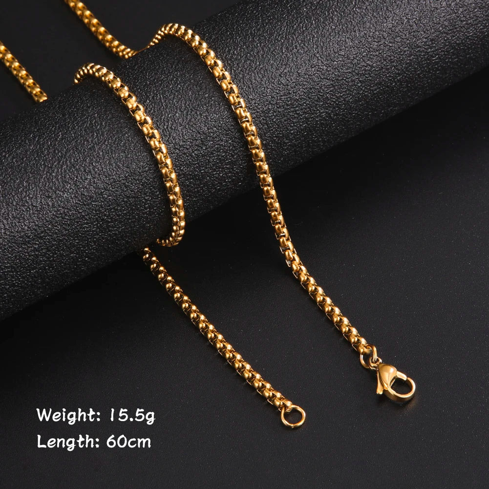Skyrim Fashion 60cm Long Box Chain Necklace Men Stainless Steel Black Gold Color Link Chains Basic Punk Jewelry