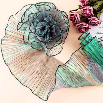 2Yards Embroidery Ruffled Pleated Lace Fabric Trim Gradient Organza Border for Dress Party DIY Sewing Decoration - Dark Green