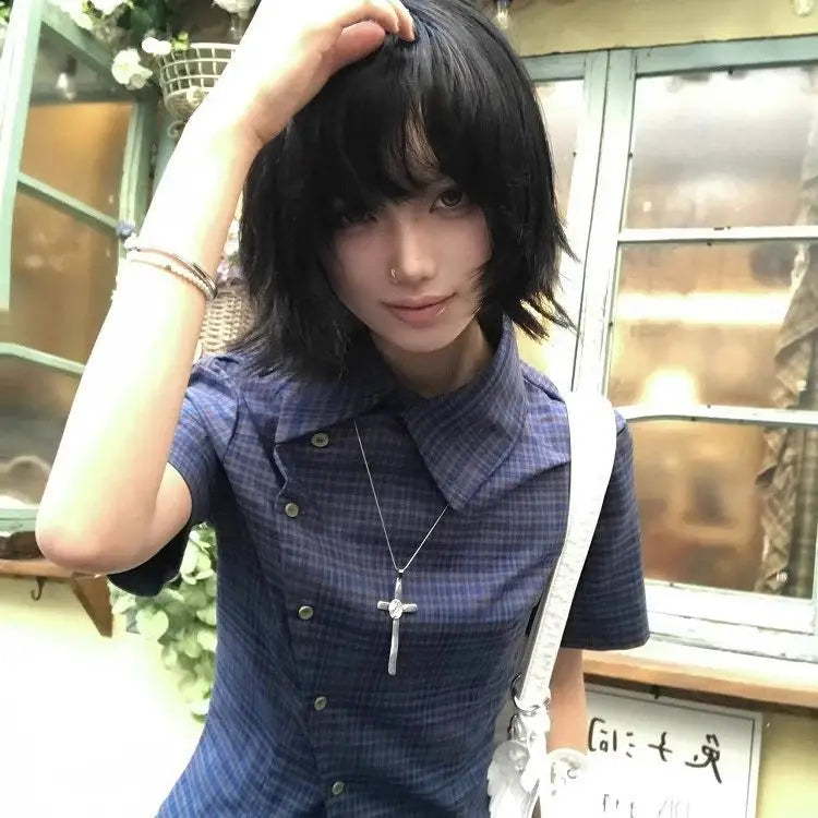Genayooa Vintage Plaid Casual Shirt Women Short Sleeve Y2k Tops Japanese 2000s Summer Shirt Irregular American Retro 90s Tshi