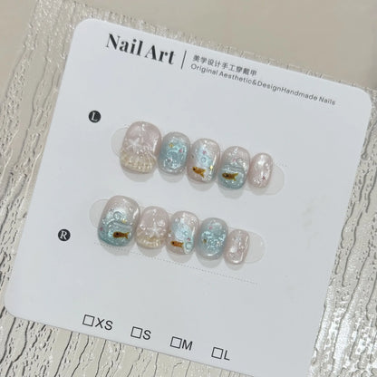 10pcs/set Handmade Press-On Nails - Blue Glossy Fish & Bubbles Design Short Oval Fake Nails with Cat Eye Effect False Nails -