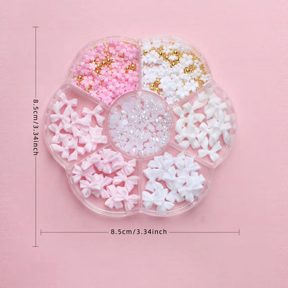 1box 3D Flower Bow Nail Art Decorations Kit Pink/White Acrylic Floral/Peal Beads Nail Charm with Wax Pen/Tweezer 4/6mm Nail P