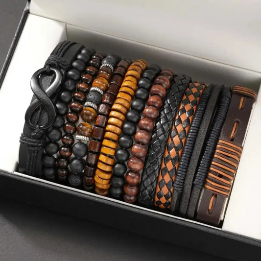12 Pieces Vintage Woven Faux Leather Tiger's Eye & Moonstone Bead Bracelet Set for Casual Party Fashion Accessories (Box Not 