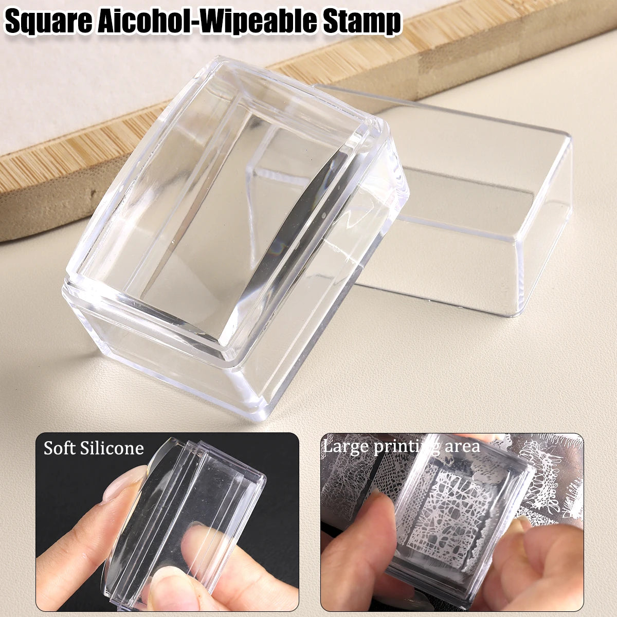 Square Clear Silicone Nail Stamp Set, Alcohol-Cleanable, Suitable for Large Plates, Includes Scraper and Replacement Stamp He
