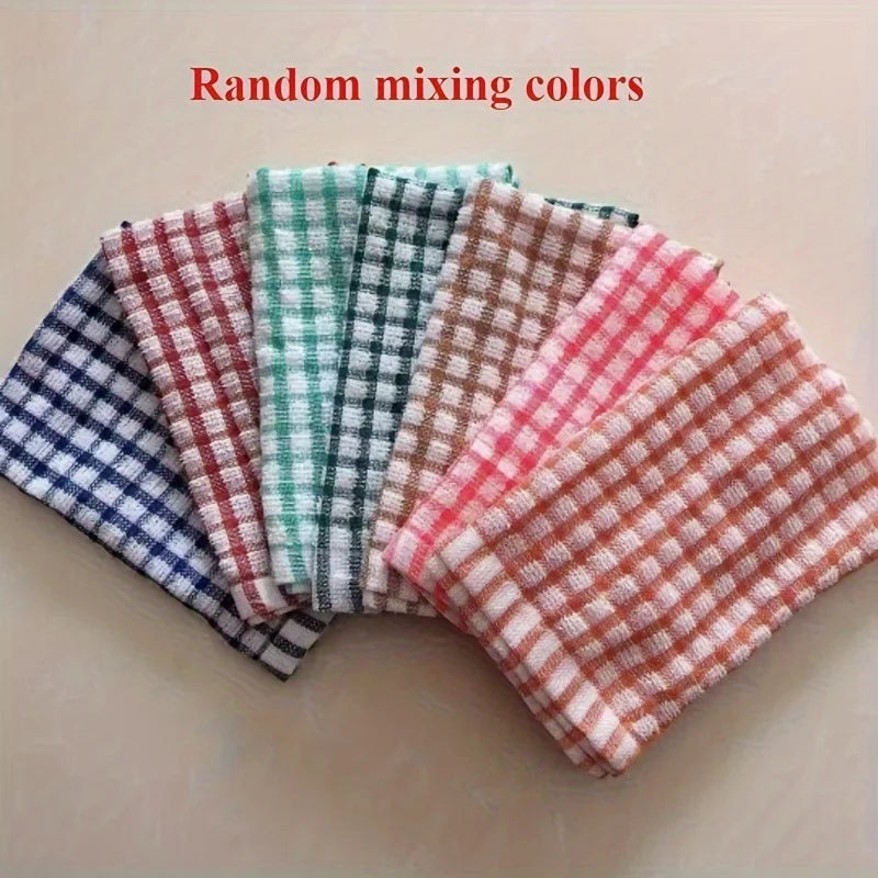 5pcs Absorbent Plaid Dish Towels - Reusable Kitchen Cleaning Cloths in Assorted Colors (Red, Blue, Orange, Yellow, Green)