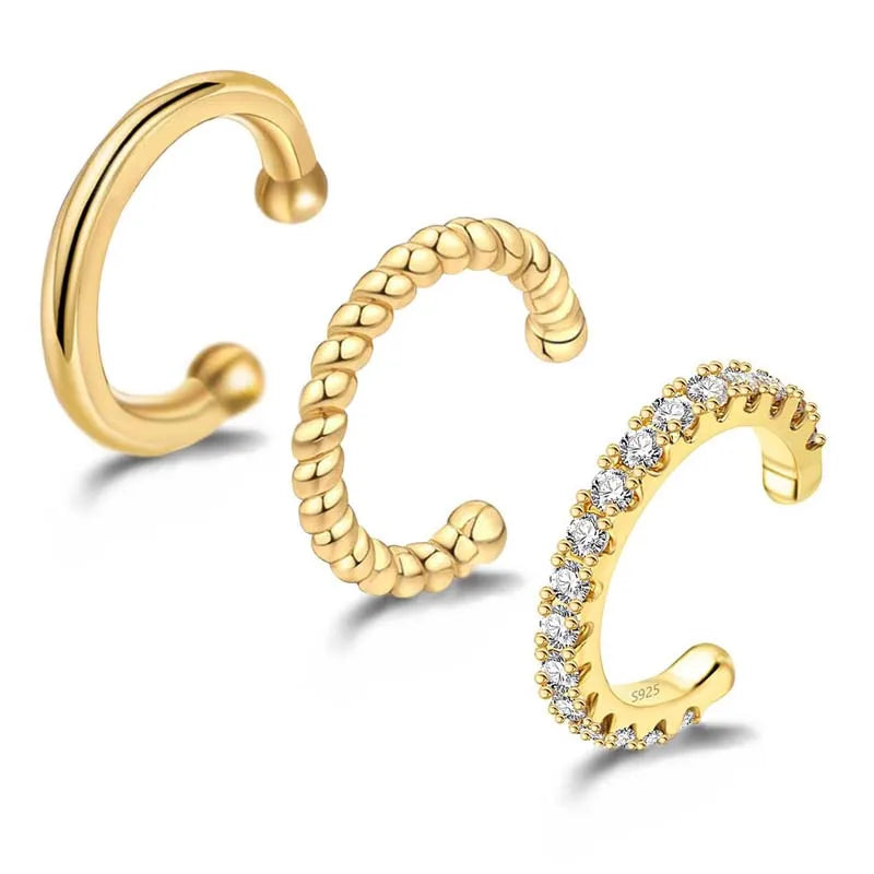 3Pcs/Set Fashion Gold Color Crystal Clip Earrings for Women Girls Minimalist Metal C-shaped Fake Piercing Ear Cuff Ear Jewelr