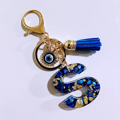 Blue Resin Initial Keychain - Evil Eye Letter Charm with Rhinestones & Tassel, Stylish Gift for Women, Lobster Clasp Accessor