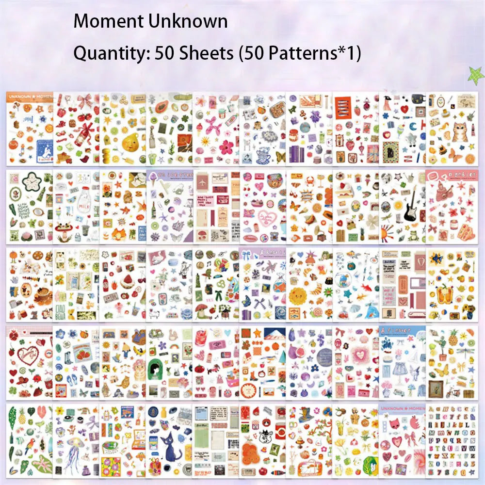 Moment Paper Scrapbooking Sticker Book 50 Different Patterns with Animals Plants Fruits Aesthetic Material for DIY Craft Plan