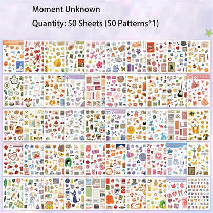 Moment Paper Scrapbooking Sticker Book 50 Different Patterns with Animals Plants Fruits Aesthetic Material for DIY Craft Plan