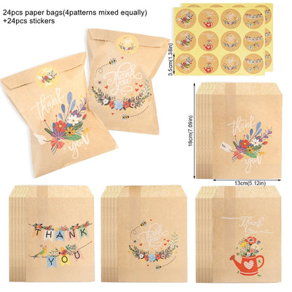 24Sets Thank You Kraft Paper Bags Cute Rainbow Dino Happy Birthday Gift Pouch Retro Flower Party Favor Bag Candy Cookie Suppl