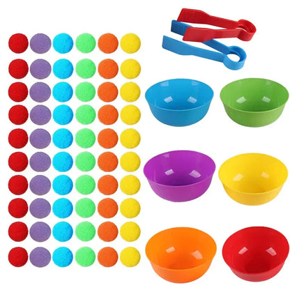 Children Counting and Sorting Toys Pom Poms Rainbow Colors Plastic Bowls Tweezers Fine Motor Skill Children Learning Toys