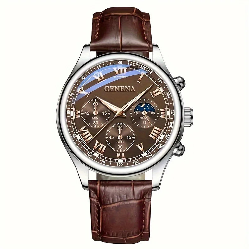 GENEVA Men's Luxury Belt Fashion Quartz Watch Men Round Business Student Sport Waterproof Glow Clock