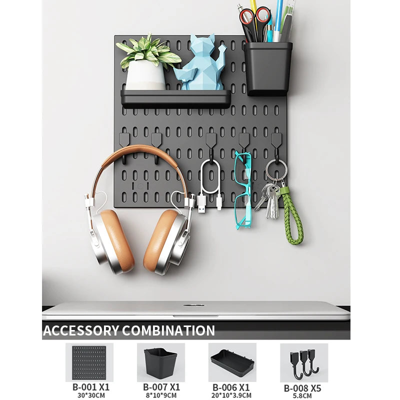 Home Office Pegboard Wall Storage Panel, PP Plastic Hole Board with Multi Hooks Shelf for Study Desk Stationery, Black White 