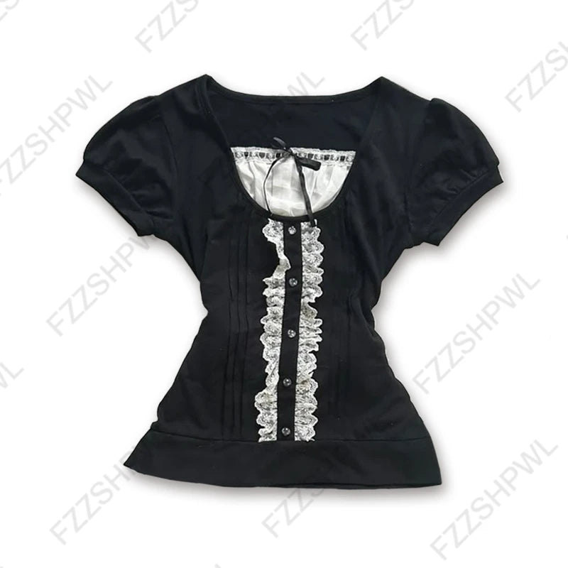 Vintage Y2K Women's Crop Top Casual Slim Chic Faux Two-Piece Color-Blocked Short Sleeve Shirts Spring Summer Striped Streetwe