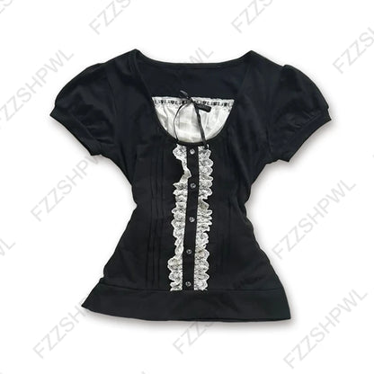 Vintage Y2K Women's Crop Top Casual Slim Chic Faux Two-Piece Color-Blocked Short Sleeve Shirts Spring Summer Striped Streetwe