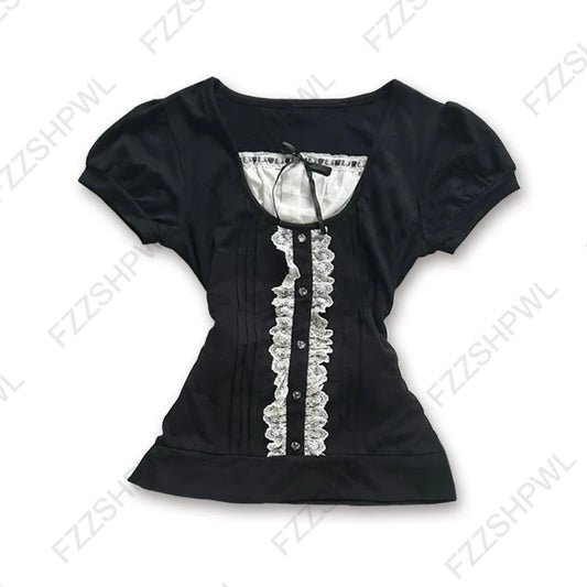 Vintage Y2K Women's Crop Top Casual Slim Chic Faux Two-Piece Color-Blocked Short Sleeve Shirts Spring Summer Striped Streetwe