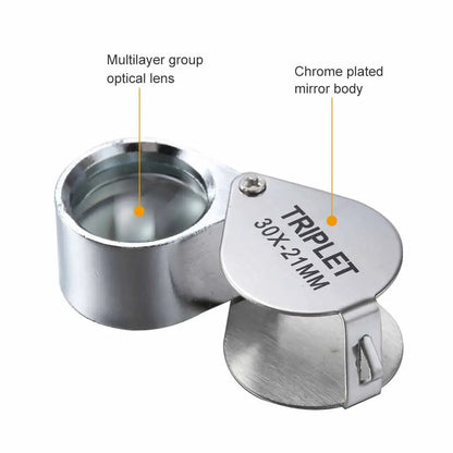 10-30X Pocket Loupe Magnifier Jewelry Magnifying Glass Foldable Diamond Lupa Triplet Jewelers Eye Glass Tool Reading Magnifie