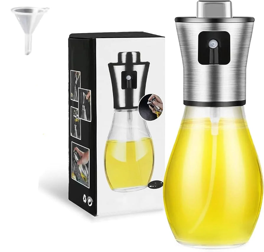 Oil Sprayer, Extremely Precise Oil Spray Bottle with funnel,Made of Stainless Steel and Glass, 200ML Oil Sprayer for Cooking