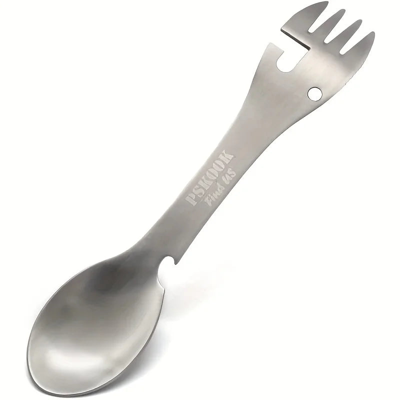 PSKOOK Outdoor Survival Tools 5 in 1 Camping Multi-functional EDC Kit Practical Fork Knife Spoon Bottle/Can Opener - 1 Silver